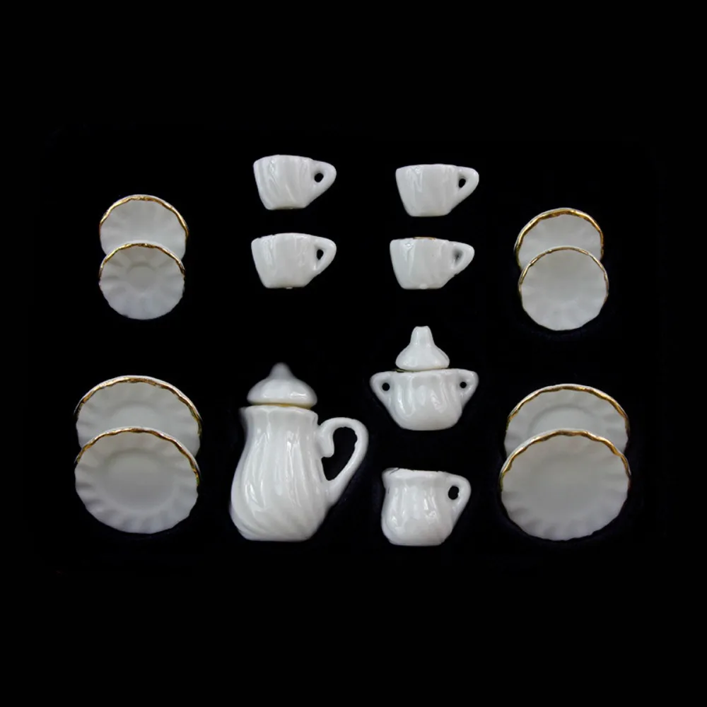 Ceramic Dollhouse Miniature Tea Set Kettle Tableware House Cup Model Set Flower Tray Miniature Porcelain Tea Cup Set