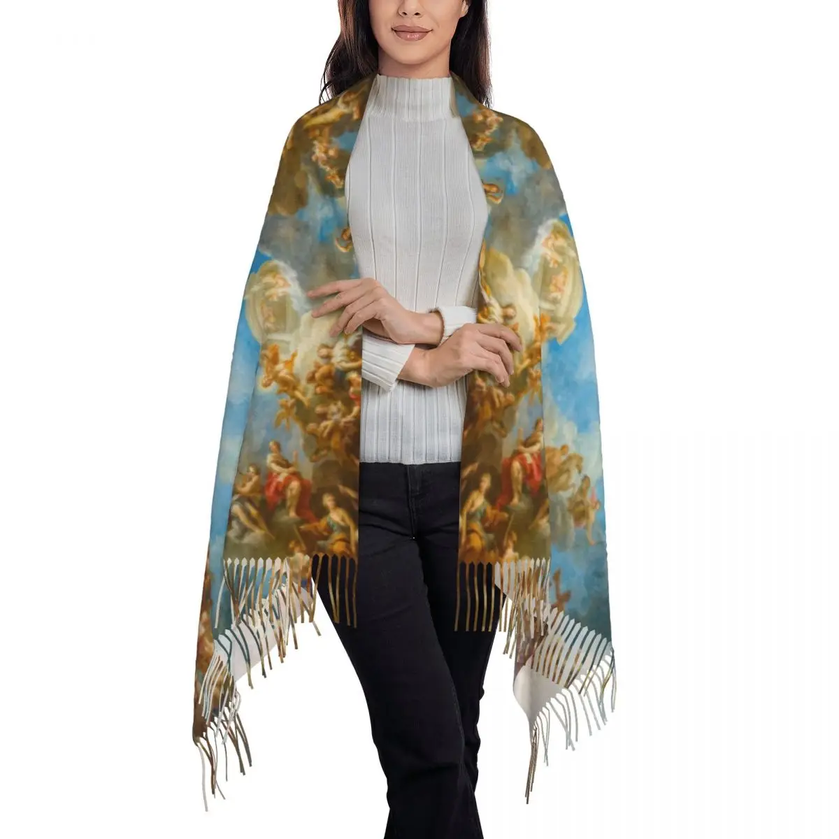 Luxury Fresco Of Angels In The Palace Of Versailles Tassel Scarf Women Winter Warm Shawl Wrap Female Renaissance Scarves