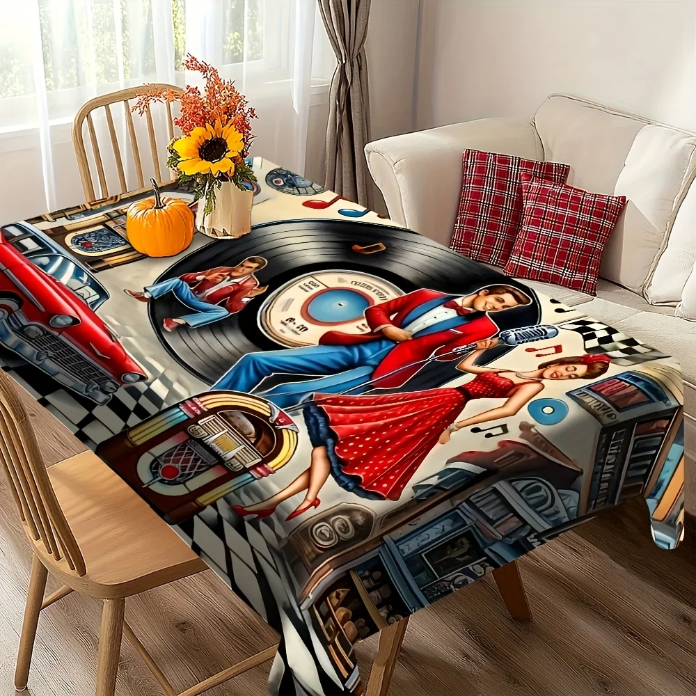 One 50s rock-themed tablecloth with vinyl records and microphone printed on itxzj