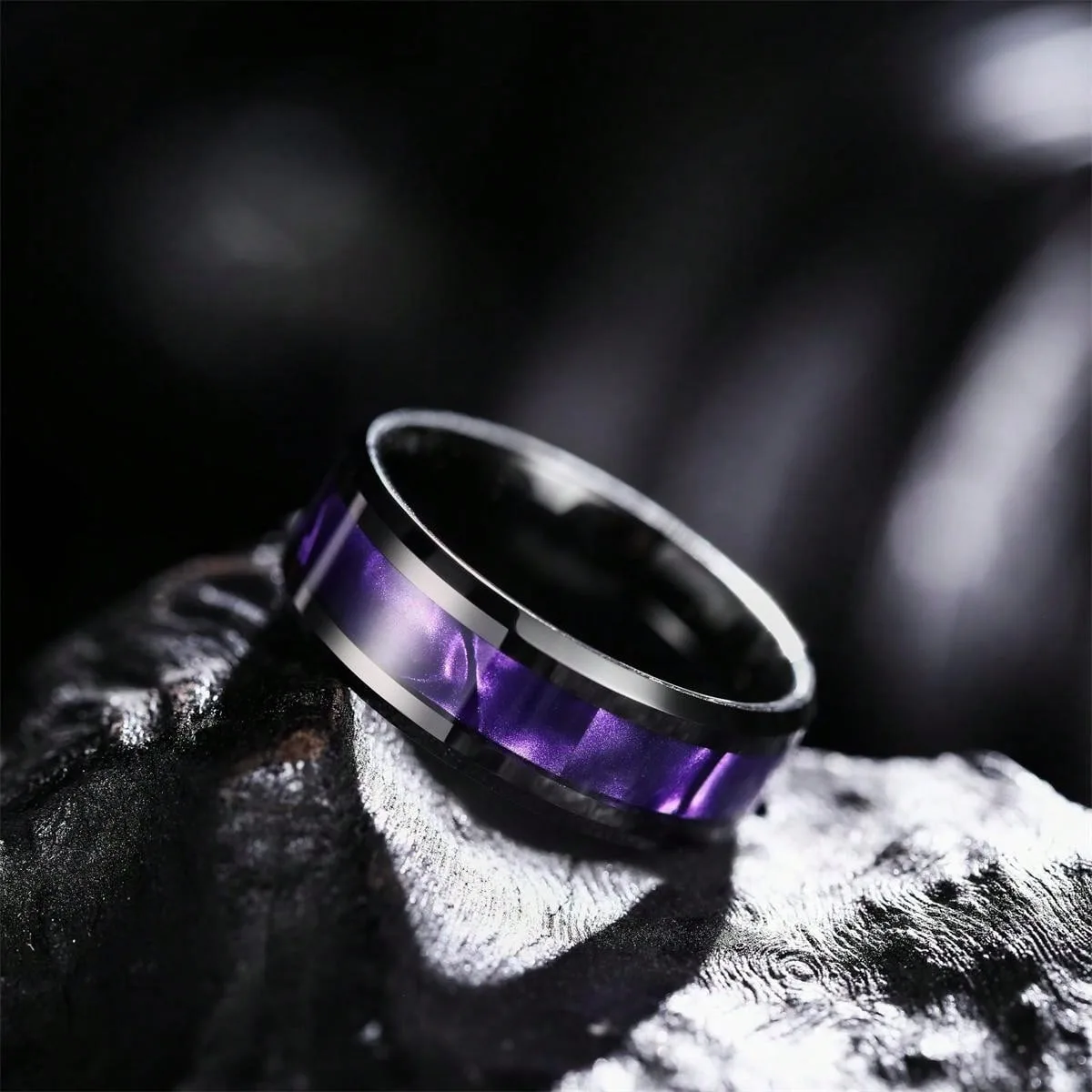 Fashion 8mm Black Stainless Steel Rings for Men Women Inlay Purple Shell High Polished Men Promise Rings Wedding Party Jewelry