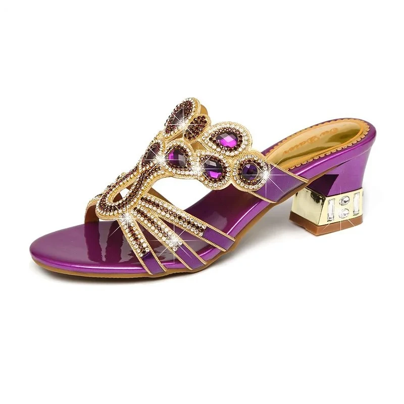 New Women Sandals Thick Heel Inlaid With Bling Diamond Leather Sandals Sexy Open Toe High Heel Summer Party Beach Shoes