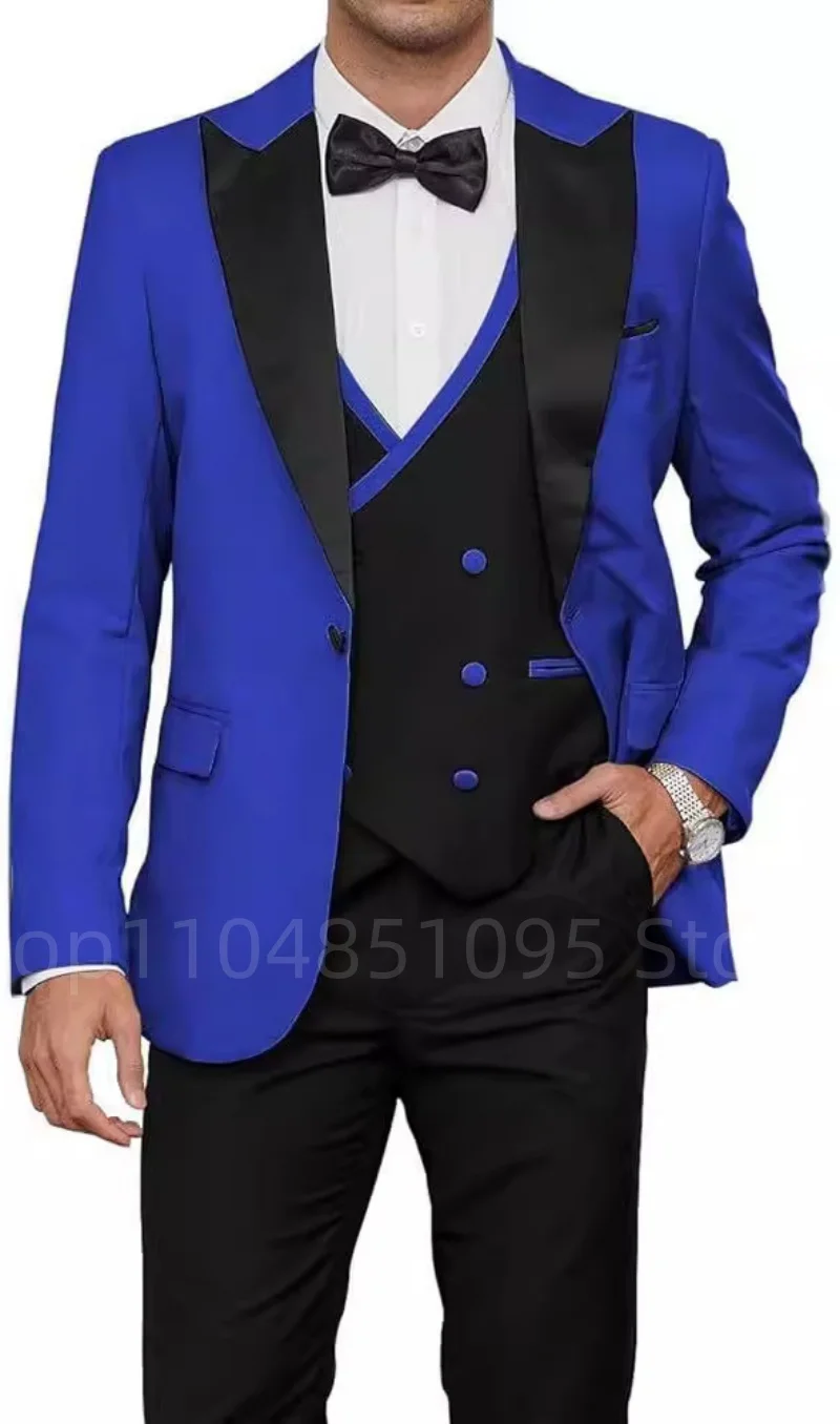

Royal Blue Men's Wedding Suits 3 Pieces Casual Groomsmen Bridegroom Wedding Tuxedos Blazer Jacket Vest Pants Costume Homme