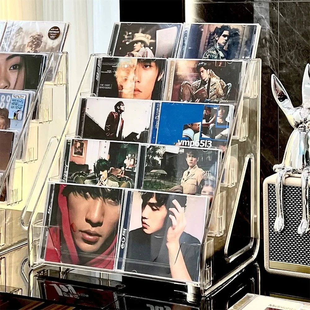 Estante acrílico para CD con escalones, caja de almacenamiento de discos de vinilo, soporte de exhibición multiusos para discos, DVD, cintas, álbumes