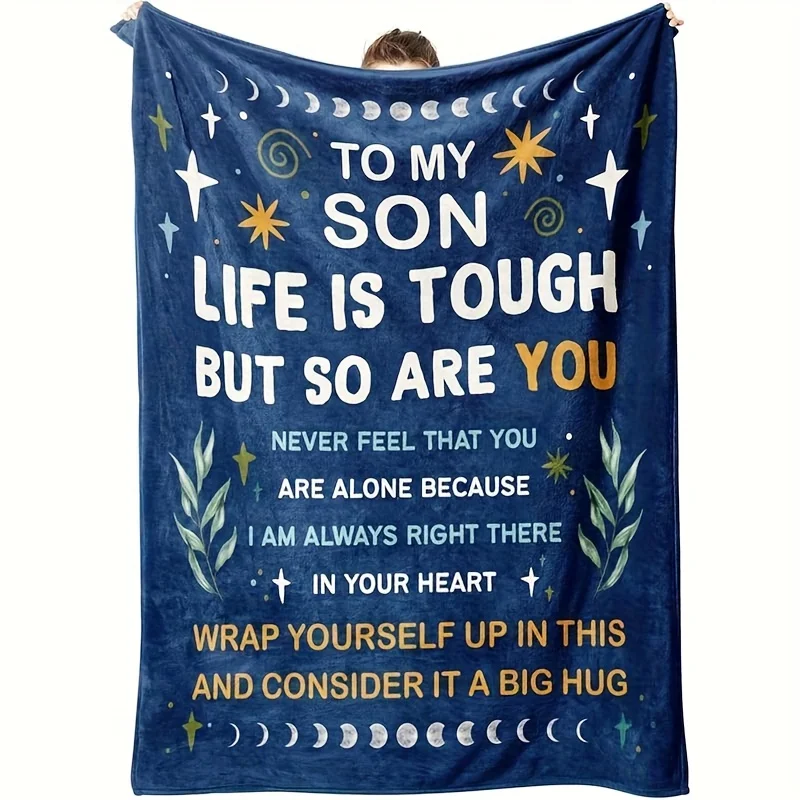 to My Son Blanket 280gsm Flannel- Inspirational Gift from Mom& Dad, Celestial Star& Moon Design, All-Season Soft Throw for Birth