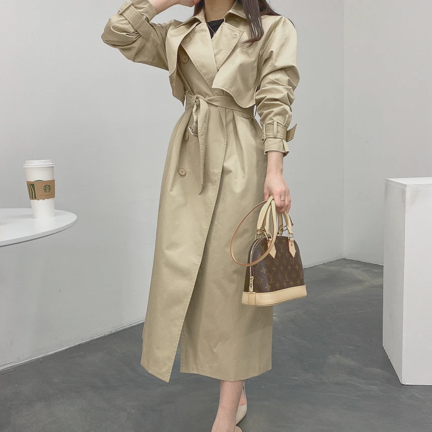 

Весна 2026: Шикарное британское модное длинное свободное пальто с поясом для стройности, верхняя одежда для женщин, свободный крой, рукава-колокол.