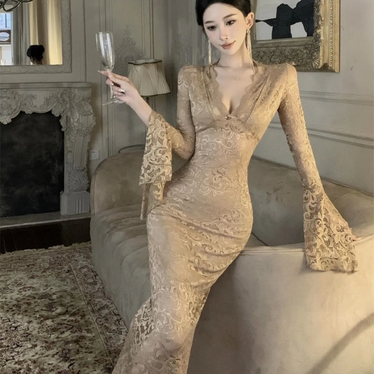 Women's V-neck Long Sleeve Lace Bodycon Dress Sexy Hollow out Waist Design Autumn New Style Slimming Floor-length Gown
