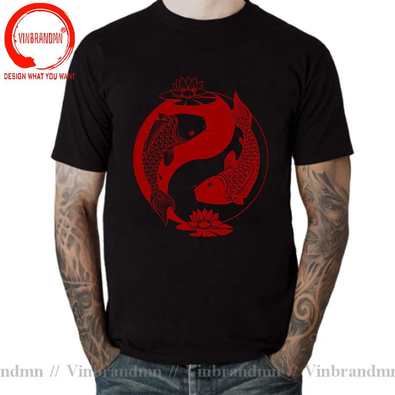 Novelty Japanese Design Yin Yang Koi Fish & Lotus T-Shirt Fashion Short Sleeve Cotton Leisure T Shirt Men Casual Home Clothing