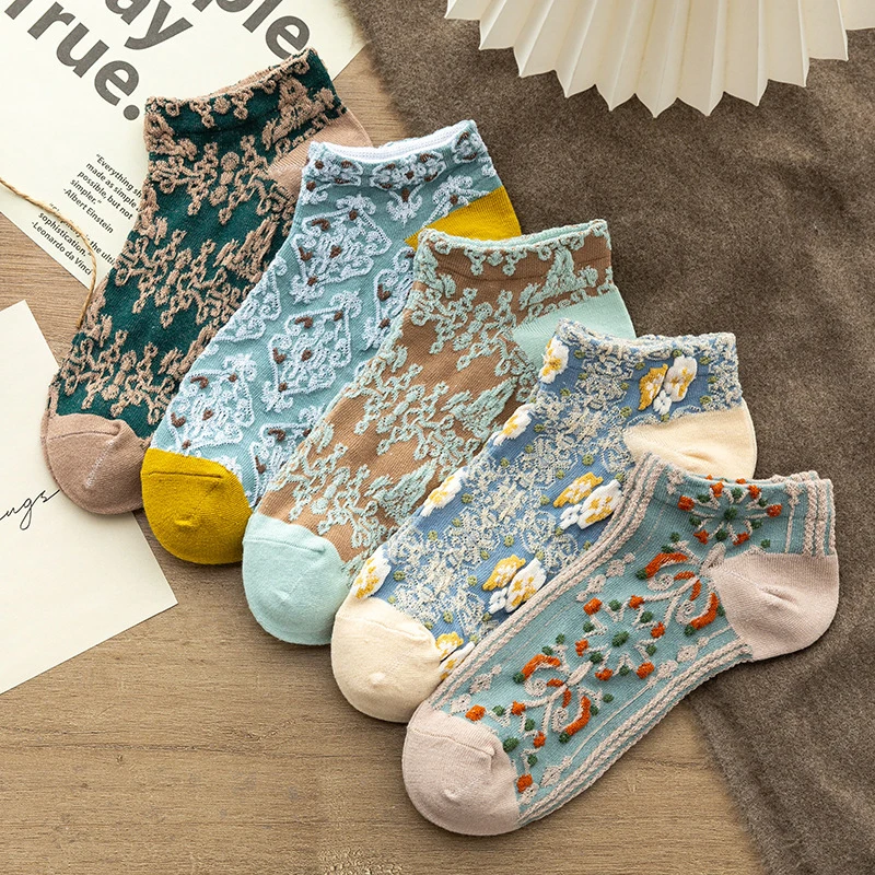 

5 Pairs New Women Vintage Ankle Cute Socks Set Female Lady Harajuku Kawaii Girl Cotton Floral Invisible Socks Set For Women