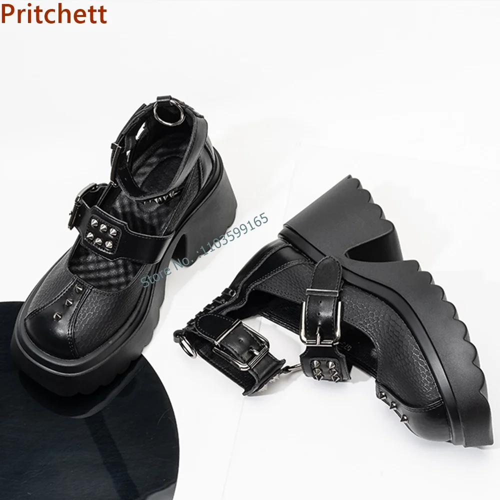 Rivet Hollow Out Shallow Pumps Round Toe Patchwork Square Heel Solid Platform Mary Jane Shoes Summer Retro Punk Party Shoes