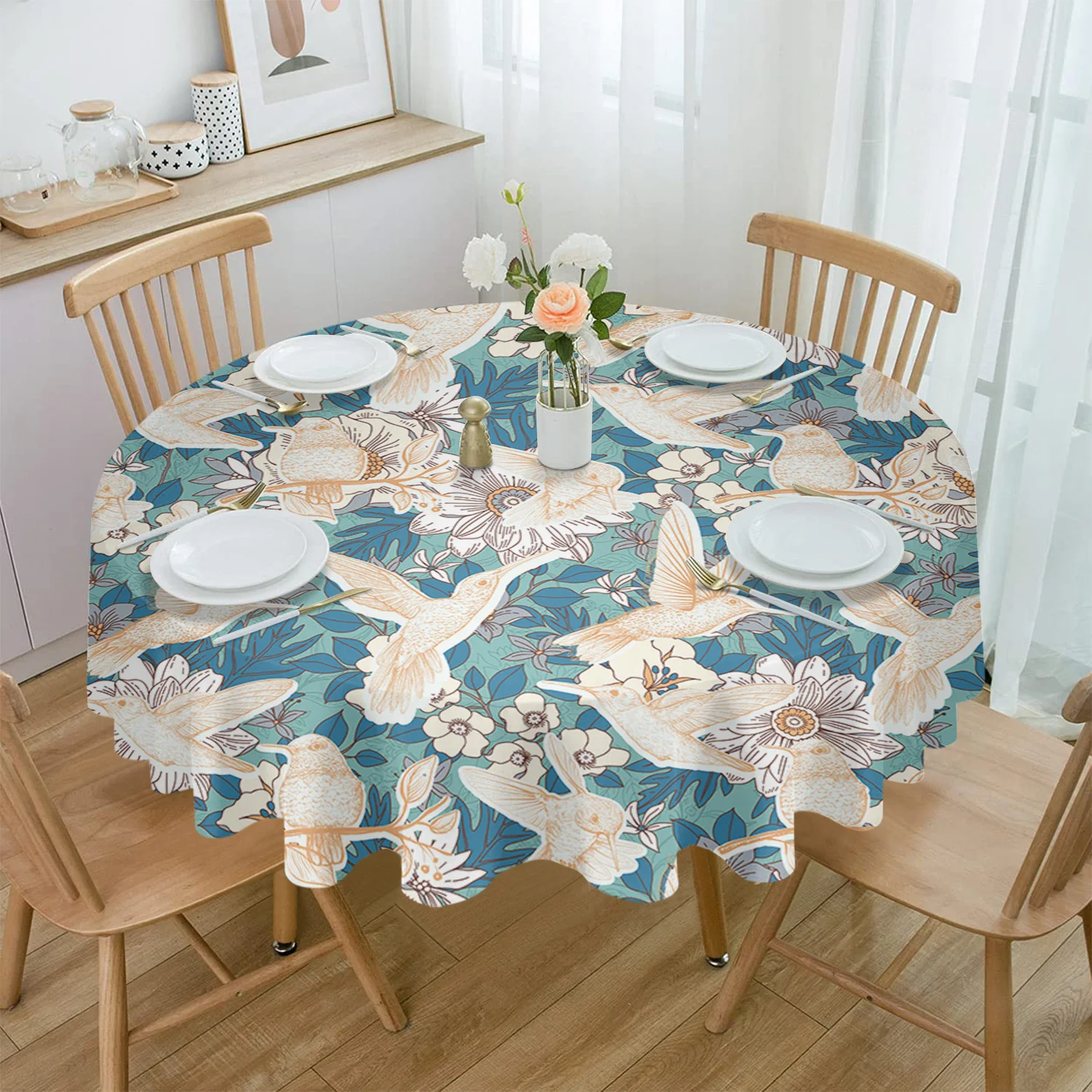 Spring Flowers Woodpecker Waterproof Tablecloth Tea Table Decoration Round Table Cover for Kitchen Wedding Home Dining Room