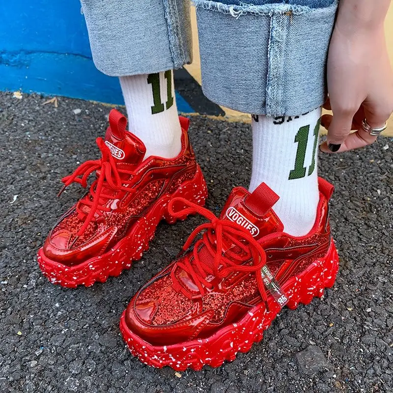 Platform Sneakers Women Bling Sequined Cloth Red Colo Ladies Sports Running Shoes Tennis Female Vulcanized Shoes Sneakers Woman