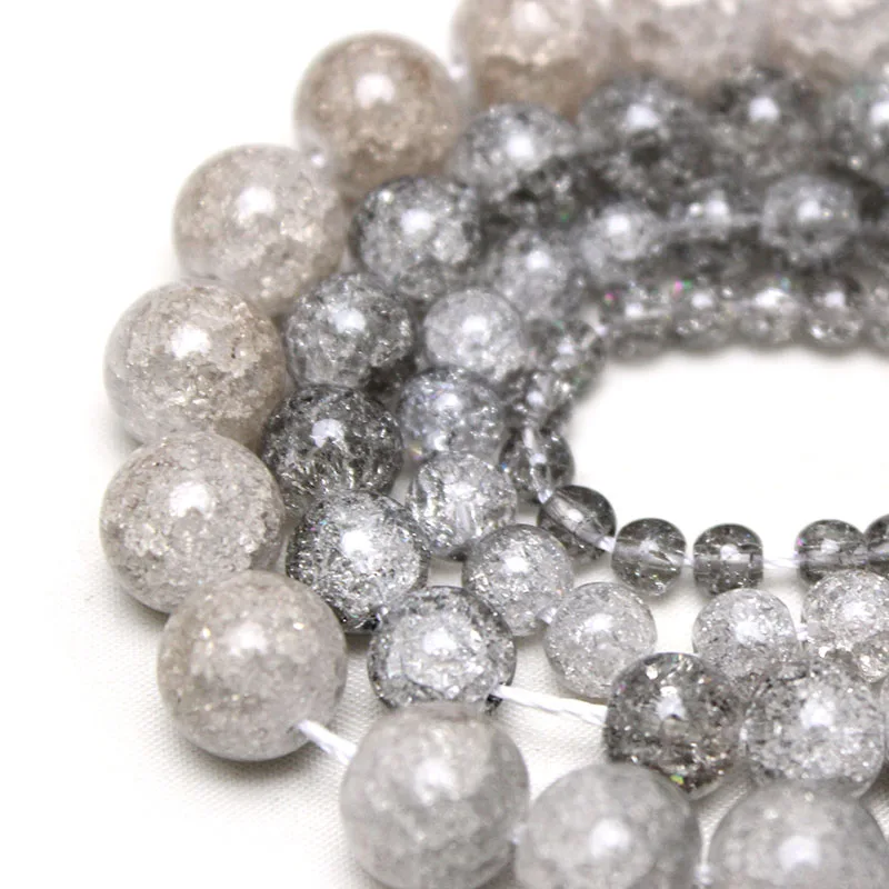 Natural Silver Grey Snow Cracked Crystal Stone Round Loose Beads For Jewelry Making DIY Necklace Bracelet 15inches 4/6/8/10mm