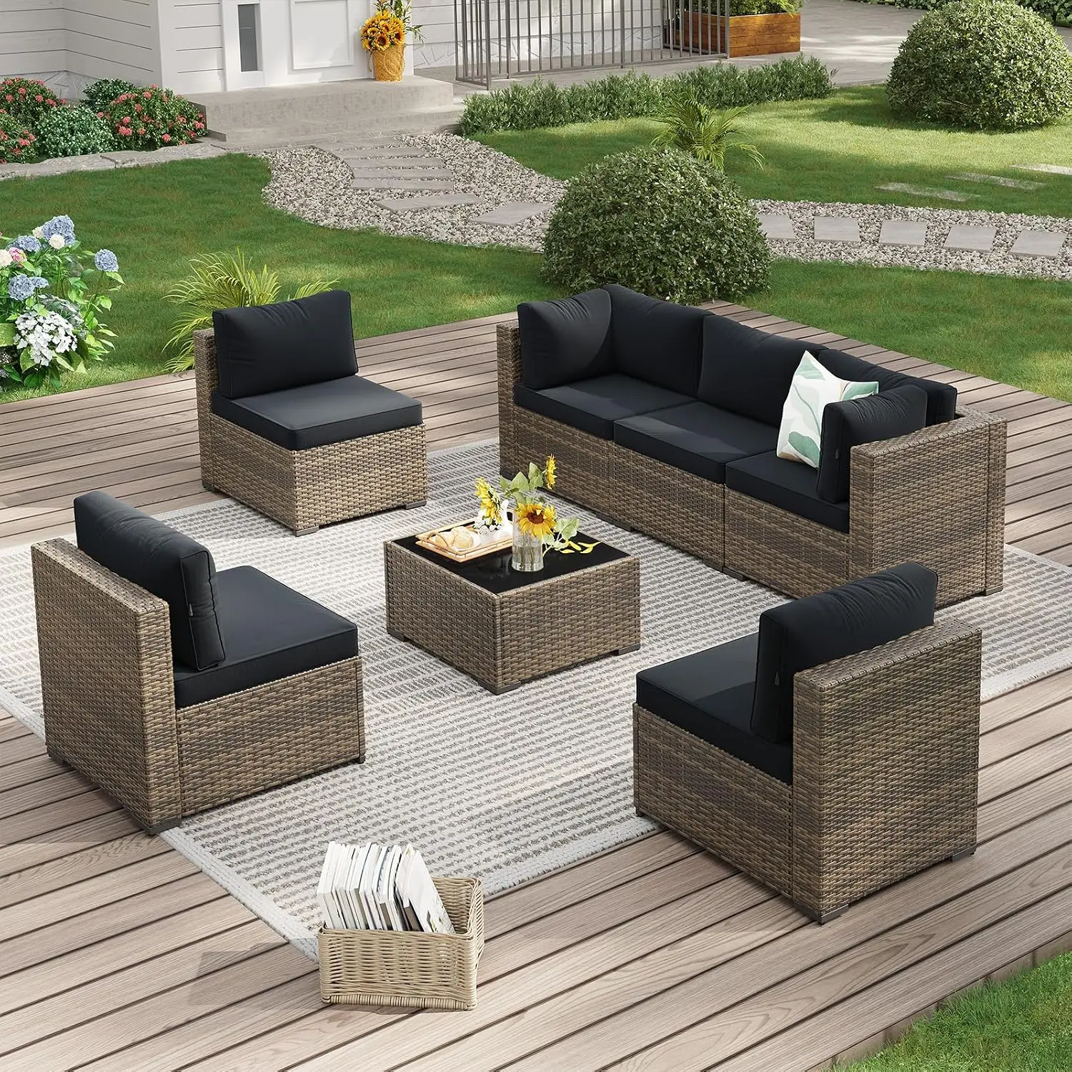 Outdoor Furniture Yellow - 7-Piece Wicker Patio Furniture Set with