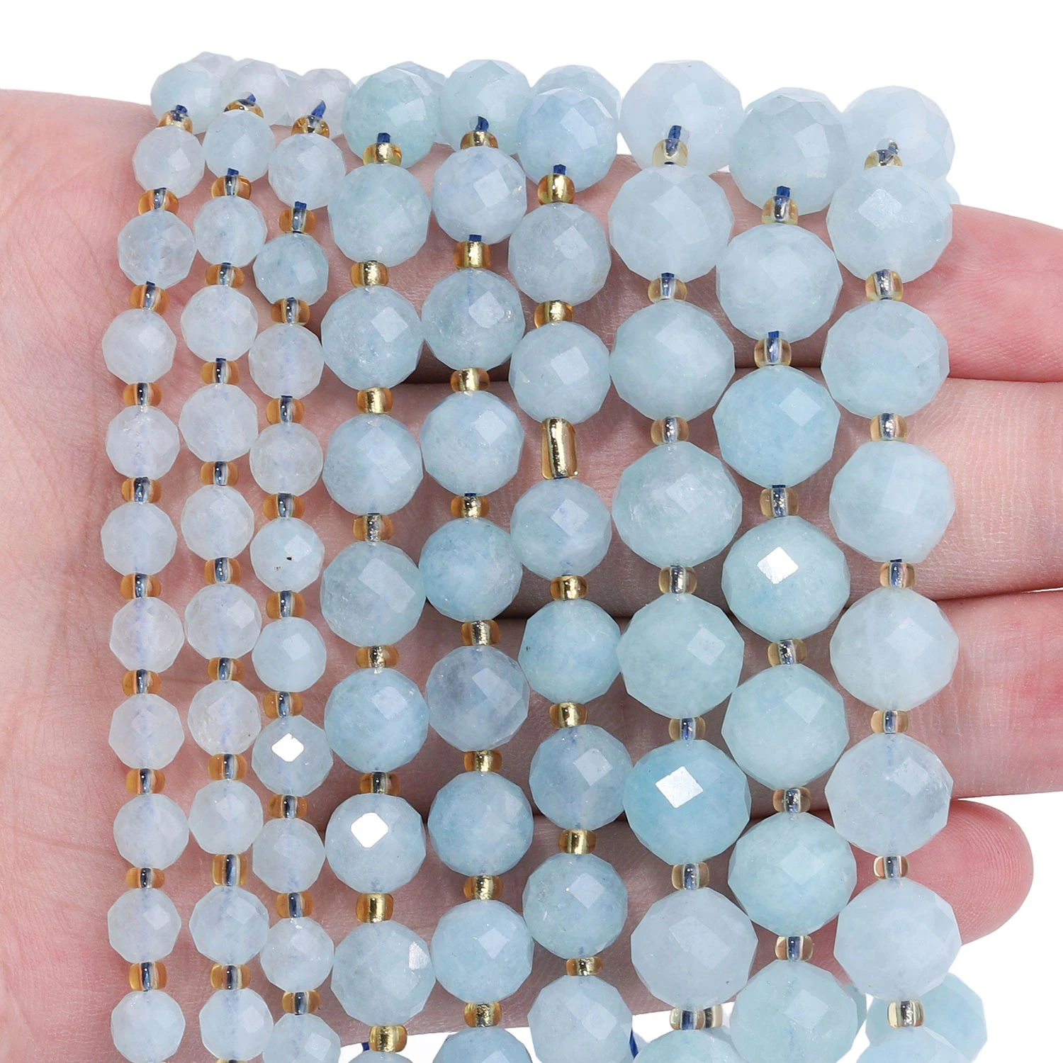 6 8 10mm Facettierte Runde Perlen Natürliche Aquamarin-Perlen für Schmuckherstellung DIY Armband Halskette Zubehör 7,5 Zoll