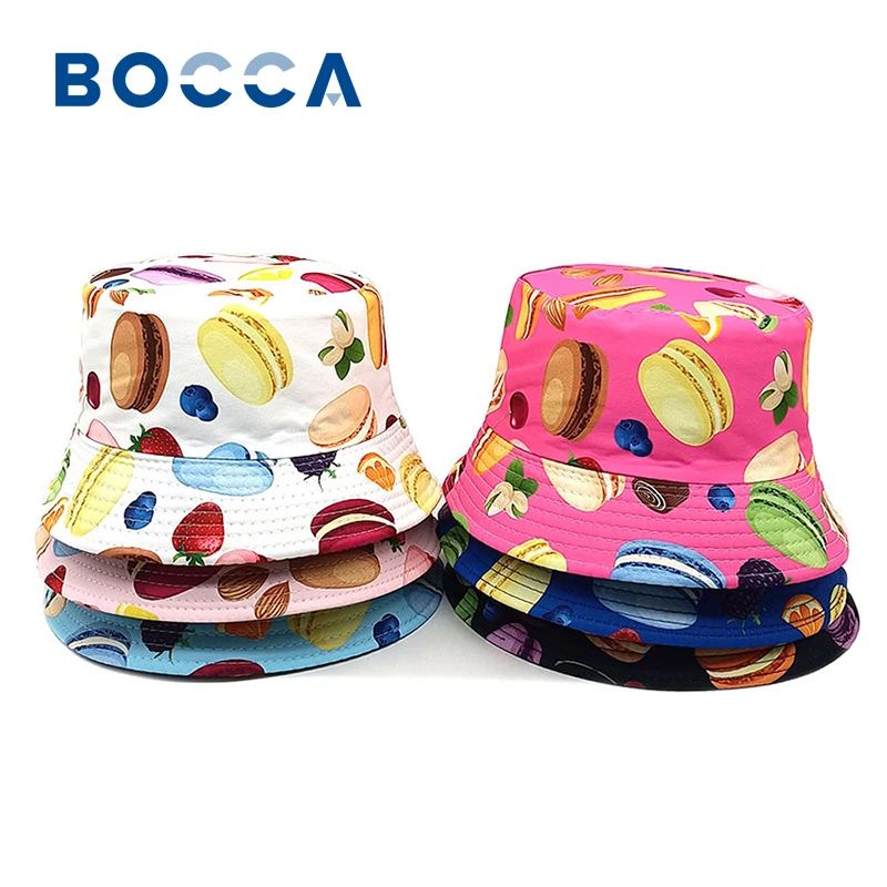 Bocca Macarone Printing Bucket Hat Children Boys Girls Kids Fisherman Hat Fruit Pattern Panama Cap Double Sides Sunshade Outdoor