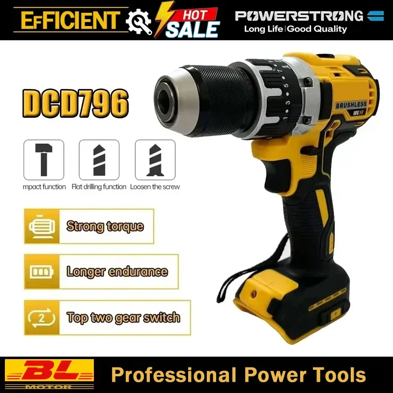 2000RPM Cordless Electric Drill Brushless Driver Adjustable Speed Impact Hand Drill Rechargeable Power Tools DCD796 Fit Dewalt