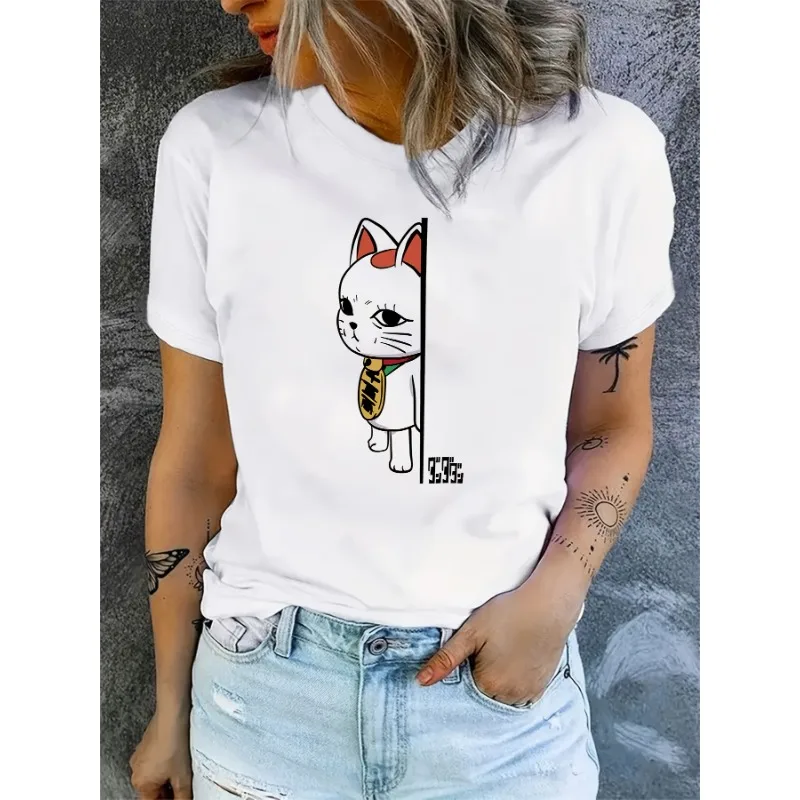 

Women's Cute Cat Anime Graphic T-Shirt Short Sleeve Casual Polyester Round Neck Top Fashion Cool T-Shirt Clothing Cotton Street