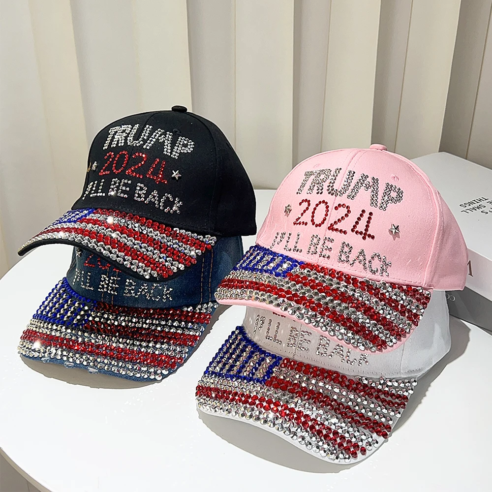 Patriotic Election Day Trump Girl USA American Flag MAGA Hat TRUMP 2024 I'LL BE BACK Denim Rhinestone Bling Sparkle Baseball Cap