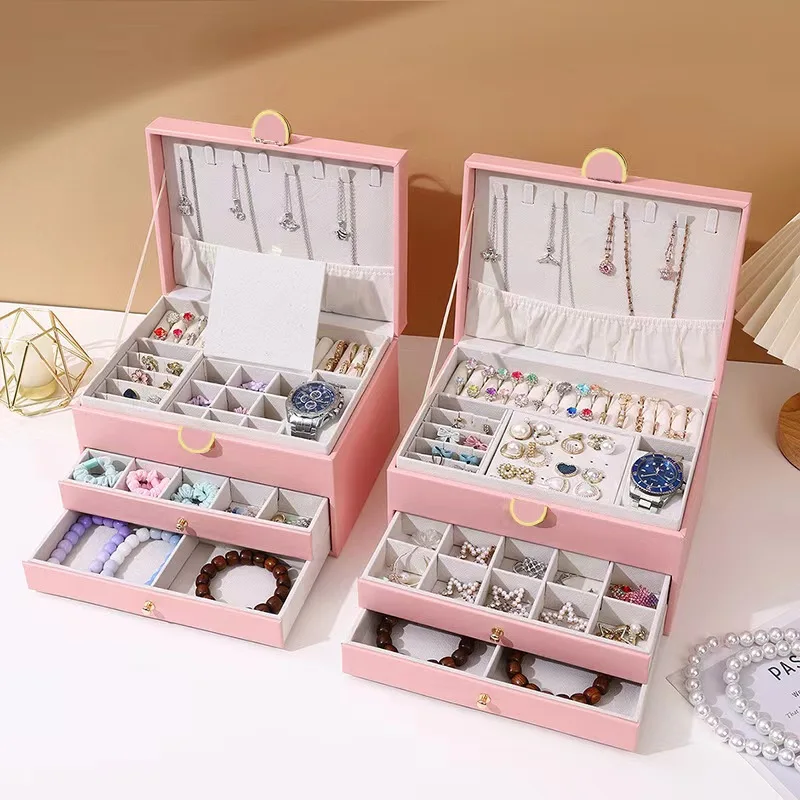 High Quality 3 Layers Simple Leather Jewelry Display Generous And Portable Silk Necklace Box Earrings Ring  Organizer Watch Box