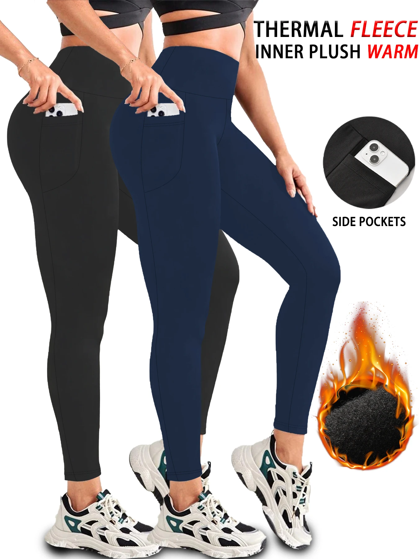 

2 Pack High Waisted Thermal Leggings with Pockets for Women - Fleece Lined Winter Warm Thick Tights Workout Running Pants