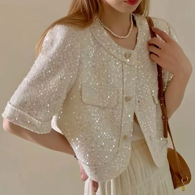 Summer High Quality Korean Tweed Paillette Short Sleeve Jacket Coat Women Korean Fashion Sequin Short Outerwear Top