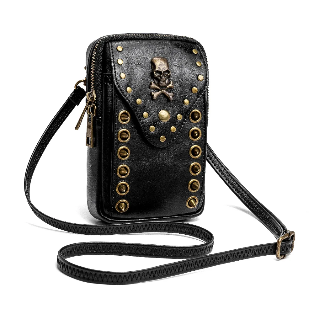 Punk Ladies Skull Head Rivet Single Shoulder Crossbody Bag Mobile Phone Bag Wearable Belt Motorcycle Knight Small Backpack view 5