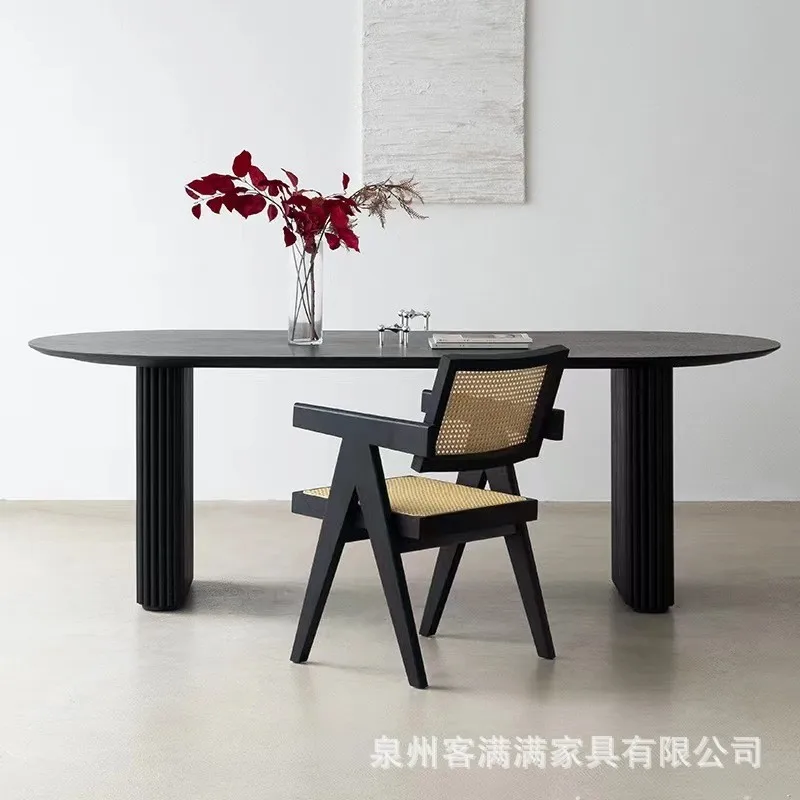 Wabi Sansan Ash Wood Household Dining Table Small Apartment Oval Long Table Office Desk Nordic Solid Wood Black Dining Table