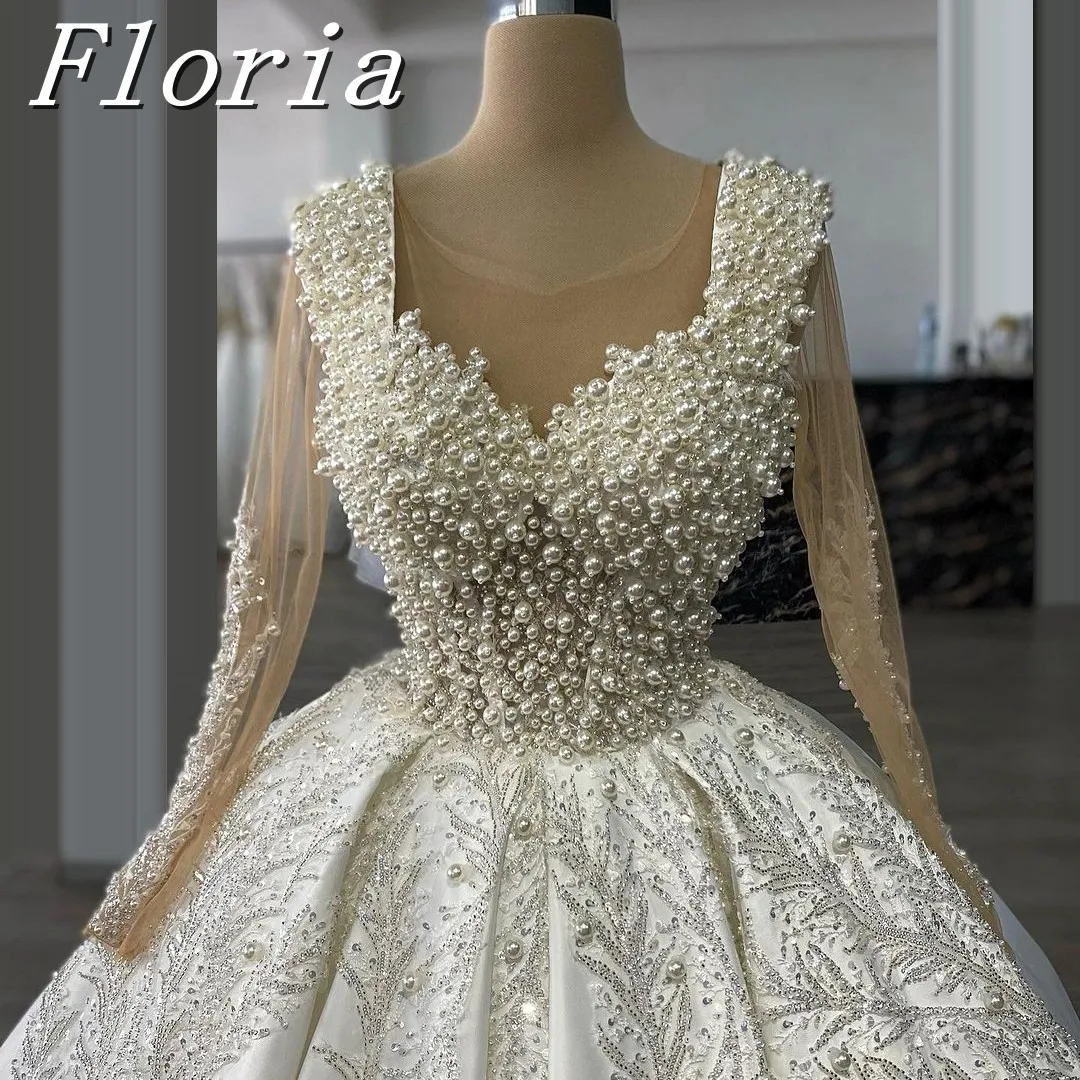 

Luxury Full Pear Long Sleeve Wedding Dress Long Bridal Gown Elegant Arabic V-Neck Bride Dresses Vestidos De Novia Customized