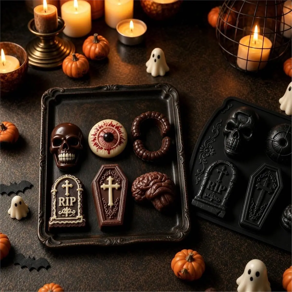 Skull Cake Pizza Pan 6 Spooky Shapes Halloween Silicone Baking Mold Skull Eyeball Fangs Tombstone Coffin Brain Cake Mold