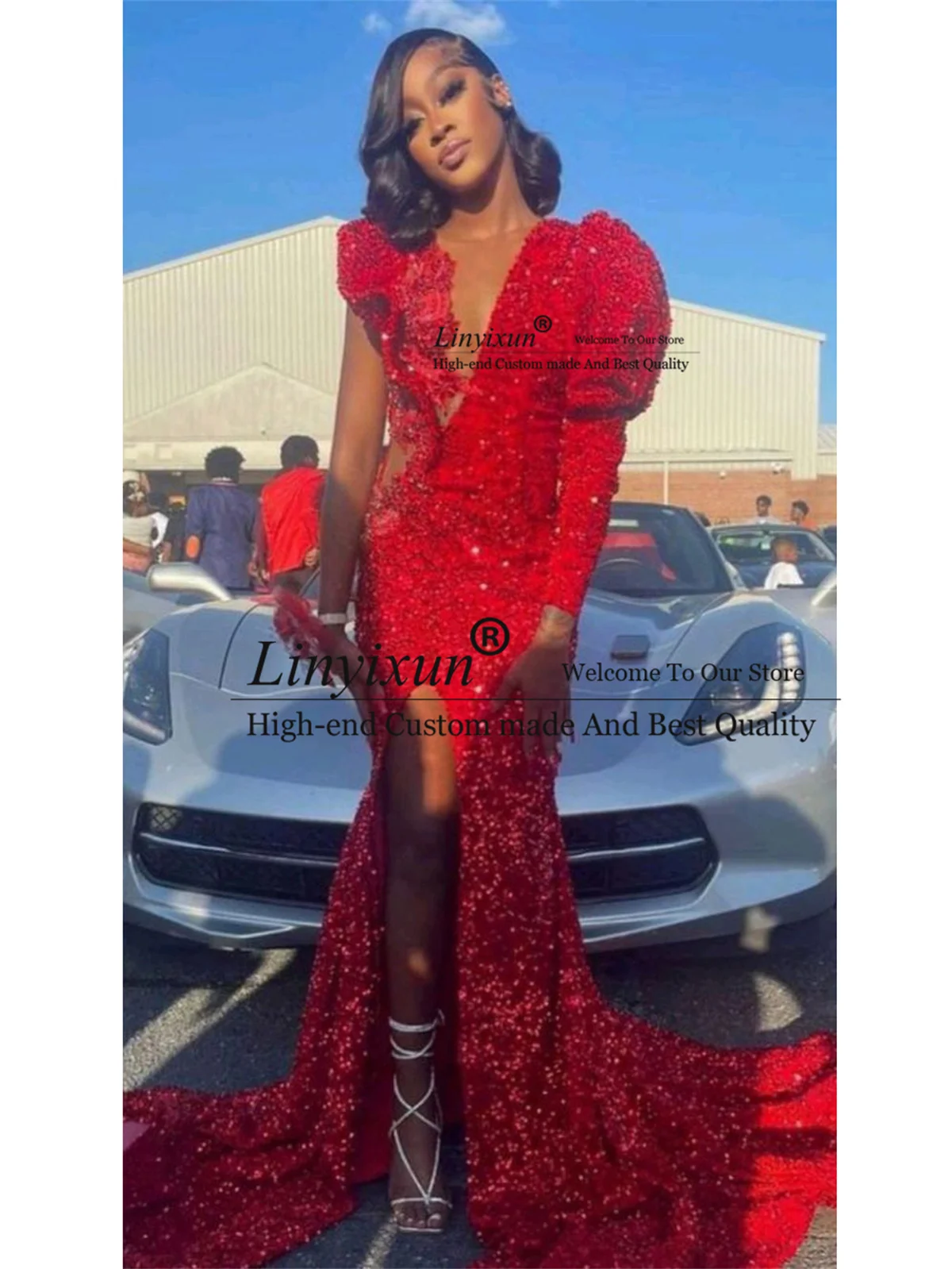 Red Sequins Mermaid Prom Dress Full Sleeves Sexy Side Slit Formal Evening Party Gowns Long Women Court Train vestidos de gala