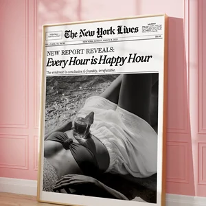 مطبوعات صحف نيويورك ، امرأة غنية تشرب صور النبيذ ، لوحة قماش بالأبيض والأسود الرجعية ، فن جدار ، ديكور منزلي عصري أفضل 8 بيع صورة امرأة عارية - No3