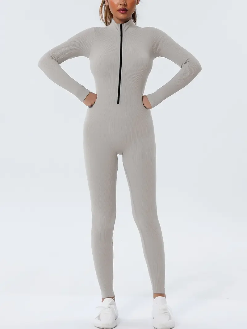 Full Zip Seamless Sports Yoga Jumpsuit, Breathable Long Sleeve & Full Length Yoga Jumpsuit