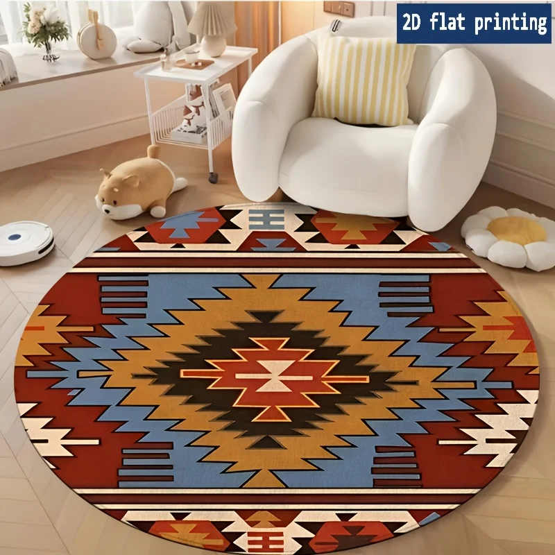 Vintage Navajo Ethnic Triangle Geometric Circular Rug for Entry Sofa Chair Bedroom Bedside Holiday Present Washable Rug