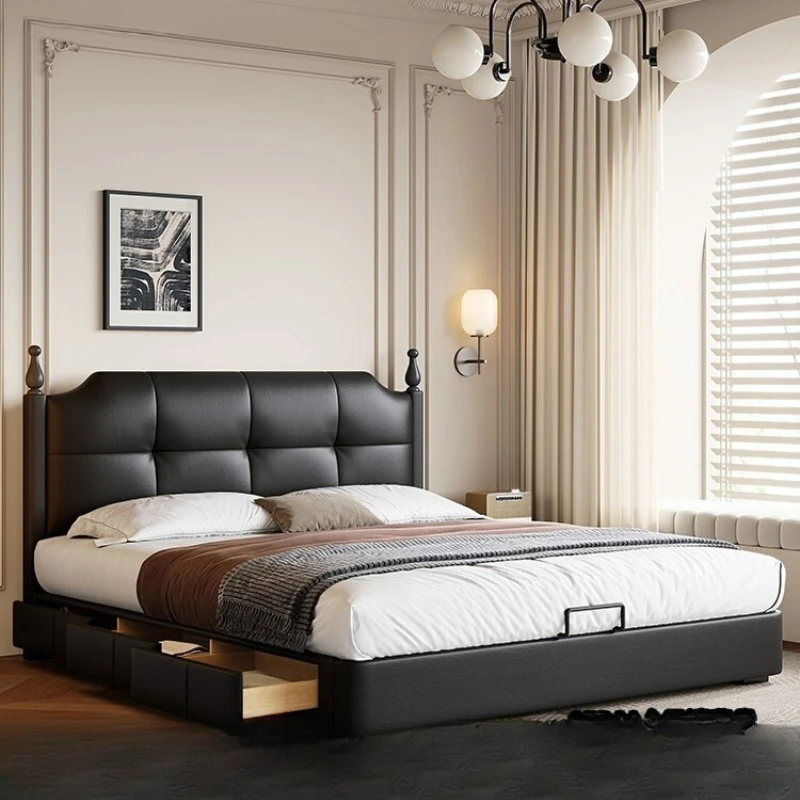 

Solid Wood Antique Style Retro Small-sized Storage and Storage Bed 180cm Long Double Bed Master Bedroom Leather Cama Furniture