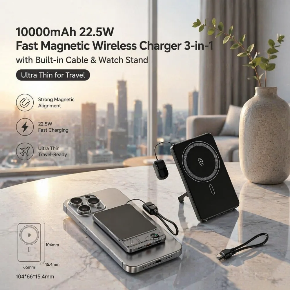 20000mAh Magnetic Power Bank 22.5W Fast Charging 3-in-1 Wireless Charger Built-in Cable Watch Stand Ultra Thin Travel