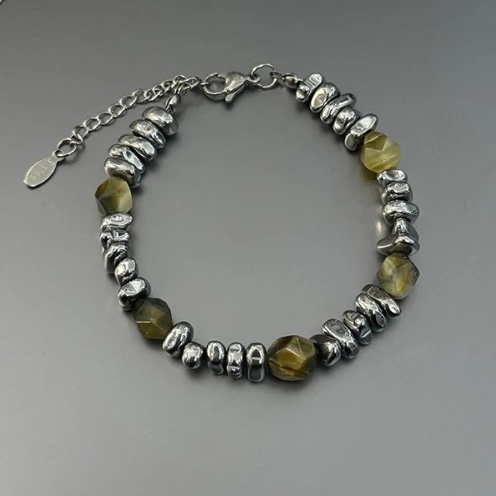 Tiger-eye stone bracelet - men's silver beads with pearl-like effect - high-end individualistic retro style versatile accessory