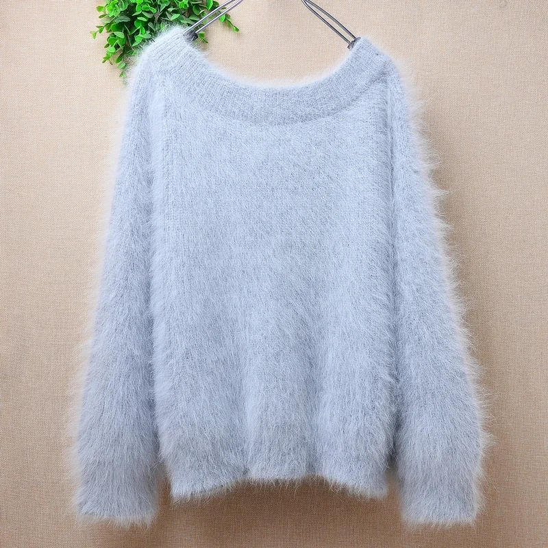 

Ladies Women Fall Winter Clothing Grey Hairy Angora Rabbit Hair Knitted Slash Neck Three Quarter Sleeves Loose Pullover Sweater