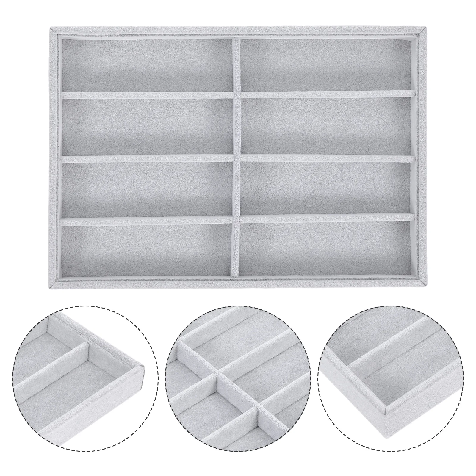 

8-Grid Jewelry Storage Tray Grey: Soft Luxury Organizer for Necklaces Bracelets Rings Sunglasses Display Holder Portable Elegant