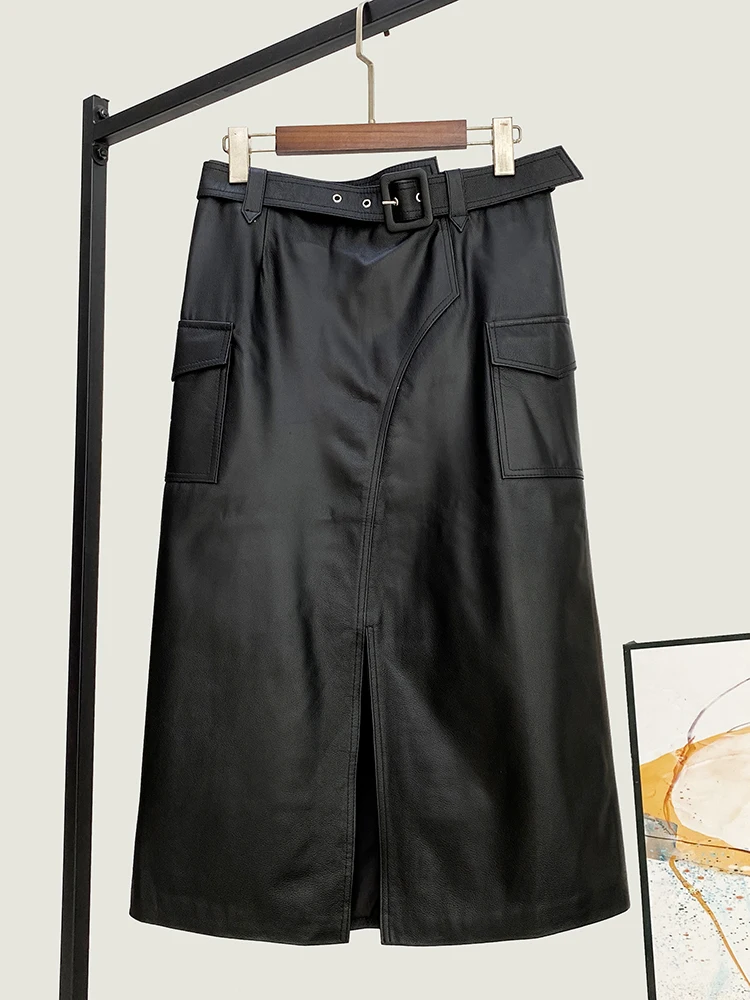 First Layer Cowhide High Quality Genuine Leather Skirt Women's Spring New Waist Mid-Length Belt over the Knee One Step Sheath