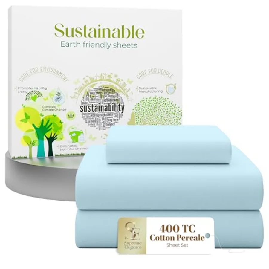 

3 Pcs 100% Cotton Sheets Set Sky Blue 400 Thread Count Percale Weave Cooling Long Staple Cotton Bedding Crisp Hotel Style Bed S