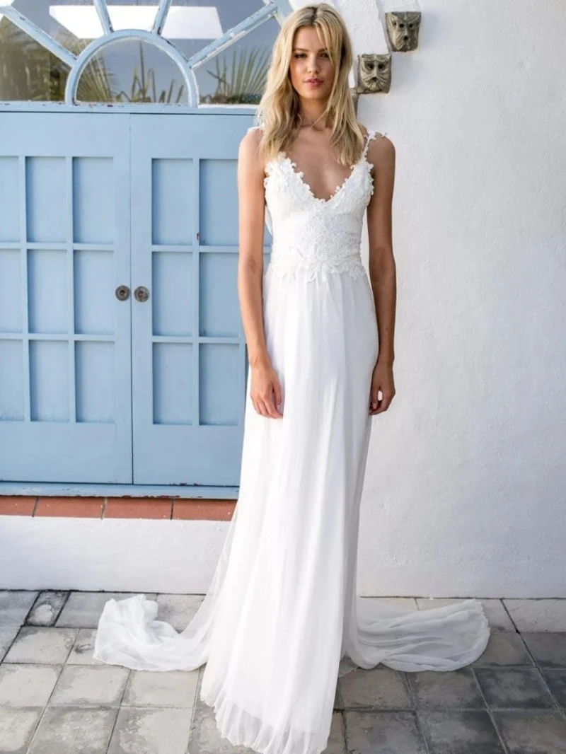 

Simple Chiffon Wedding Dresses 2024 For Women V-Neck Backless Bridal Gowns Sleeveless A-Line Robes For Bride Vestidos De Novia