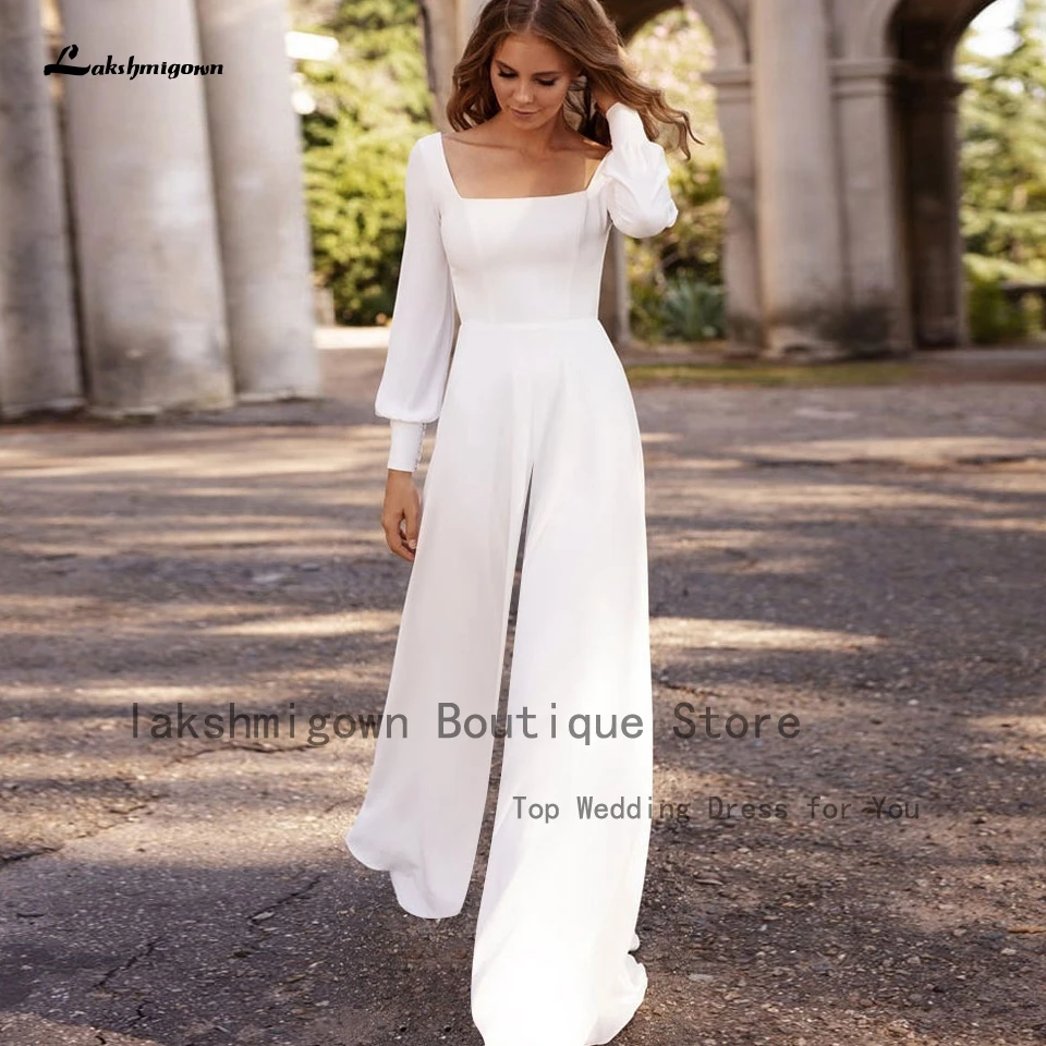 

Lakshmigown Elegant Women Jumpsuit Long Sleeve Wedding Dress 2023 Square Neck Robe Satin White Bridal Gowns Vestido de Novias