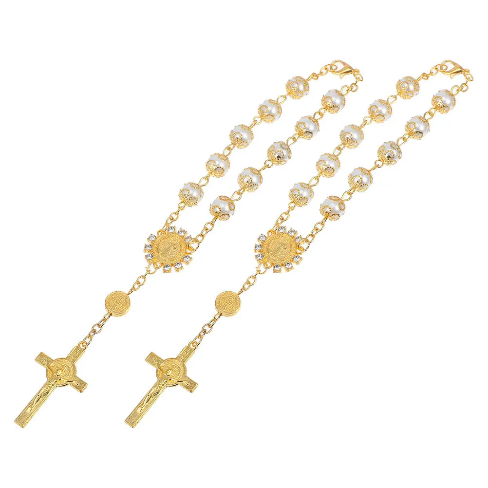 

2pcs Hanging Ornament Gold Silver Trim Imitation Pearl Pendant For Car Interior Decoration Blessing Religious Auto