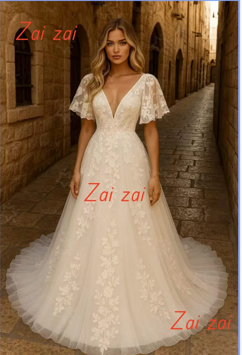 

Customized Luxury Beach V-Neck Simple Wedding Dresses Puff Sleeves Backless Bridal Gown Lace Applique Tulle Robe De Mariée