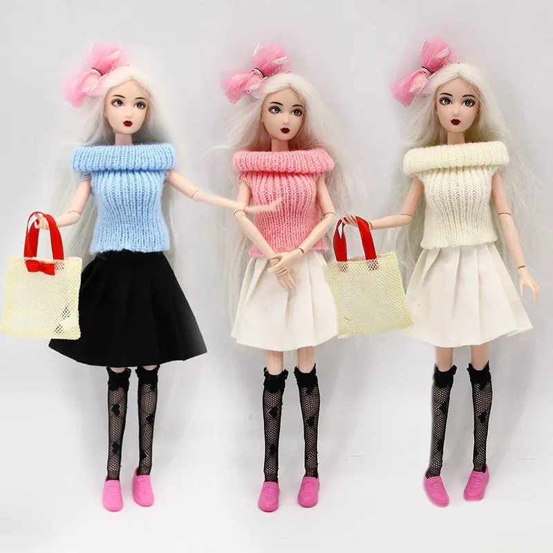 1/6 Doll Clothes Accessories Knitted Off-the-shoulder Top + Ruffled Half Skirt For FR 30cm Babi OB22 Supermodel Doll Dress Up