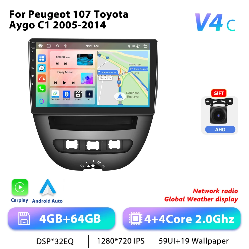 Podofo 10.1 "Autoradio Draadloze CarPlay Android Radio For PEUGEOT 107/Citroen C1 2005-2014 Multimedia GPS 4G WIFI BT Autoradio