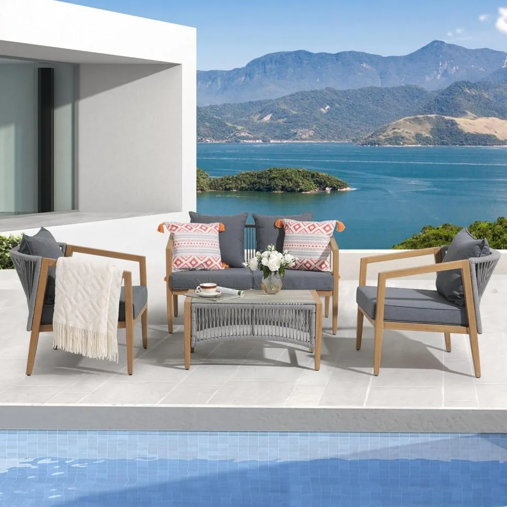 

Aluminum Outdoor Patio Furniture Set, 4 Pieces Patio Conversation Sets with Wood Grain Finish, Rope Patio Sofa Set for 4 w
