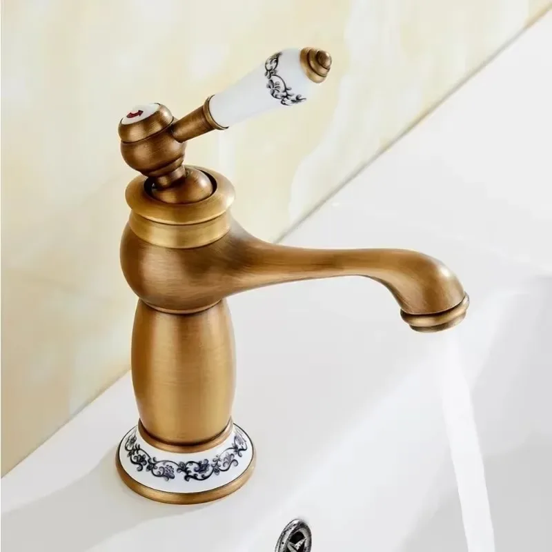 

Vintage Antique Brass Faucet with Blue And White Porcelain Long Neck Mixer Tap Bathroom/Kitchen Cold & Hot Water Basin Sink Acce