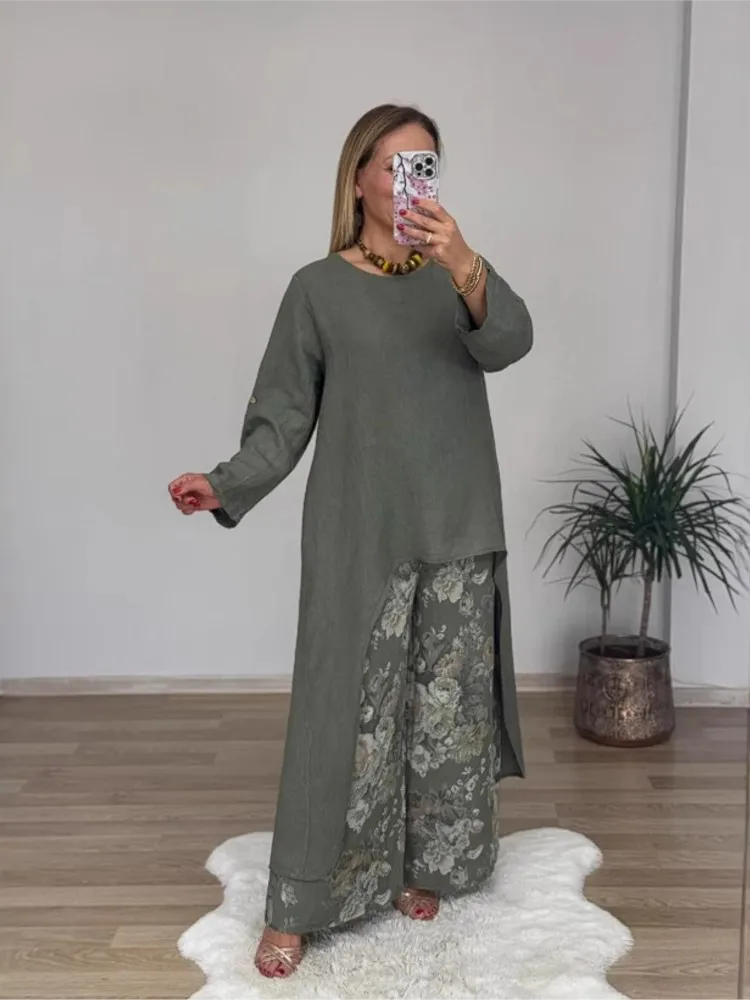 

Fashion Solid Color Casual Irregular Top+retro Printed Wide Leg Pants Two-piece Set New Women's Cotton Linen Pants Set