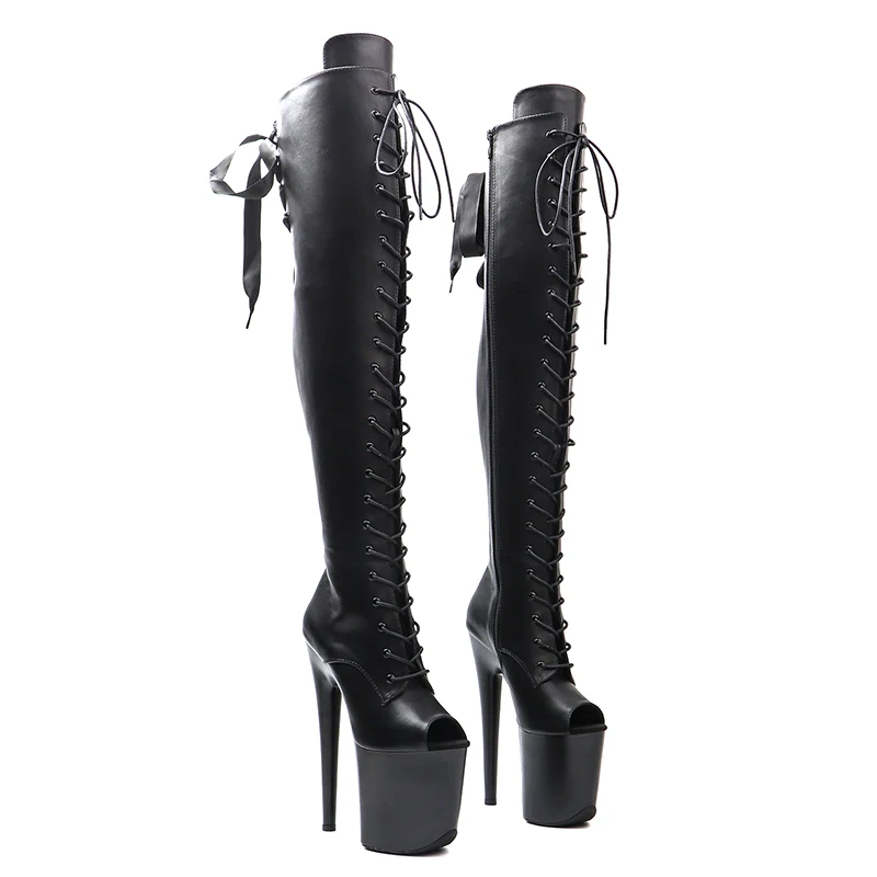Leecabe  20CM/8inches Matte PU open toe Trendy Fashion lace-up  platform High Heel Stripper heels  Pole Dance boots